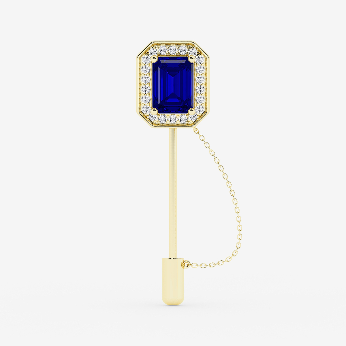 5 ctw Emerald Cut Sapphire with Round Lab Grown Diamond Halo Lapel Pin